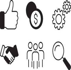 Business and Finance Icon Set Symbolizing Success Teamwork and Growth Including Handshake Money Gears Team and Magnifying Glass