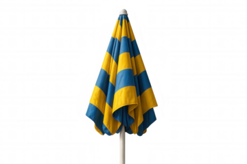 Closed beach umbrella displaying blue and yellow stripes, offering shadow and protection from sun, transparent background