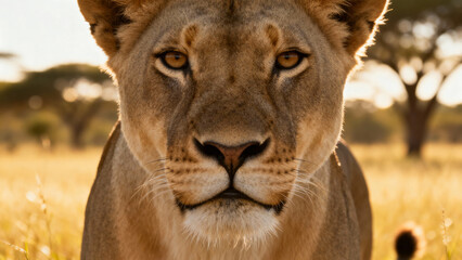 Obraz premium Lioness portrait with intense gaze and detailed fur in golden savannah setting. wildlife magazines, conservation campaigns, designed for wildlife conservation campaigns. 