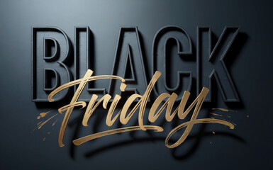 A stylized text design featuring the word "BLACK" in large, bold, metallic dark gray 3D letters with a shadow effect against a dark gray background. 