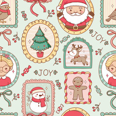 Christmas Family Frame Seamless Pattern, Coquette Holiday Surface Border Fabric Design Vector