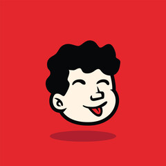 Cartoon face of a curly-haired boy showing a worried and anxious expression. Bold, clean vector illustration on red background, perfect for mascot, emoji, or sticker design.