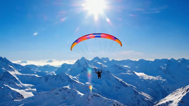 Paraglider gliding above snowy mountain range