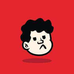 Cartoon face of a curly-haired boy showing a worried and anxious expression. Bold, clean vector illustration on red background, perfect for mascot, emoji, or sticker design.