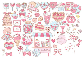 Collection of Valentine Treats Vector, illustrations of Coquette Valentine, Kawaii Dessert, Sweet Love Kawaii Dessert Decoration Vector