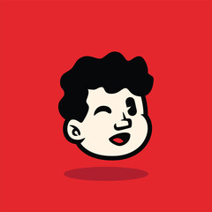 Cartoon face of a curly-haired boy showing a worried and anxious expression. Bold, clean vector illustration on red background, perfect for mascot, emoji, or sticker design.