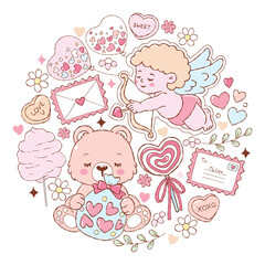 Kawaii Valentine Vector, illustrations of Coquette Cupid Teddy Bear, Pastel Heart Romance Hand Drawn, Sweet Valentine Decoration Vector