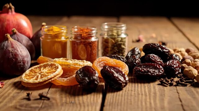 Assortment of dried fruits and jars of preserves on rustic wooden table.