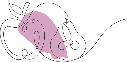 Abstract apple and pear line art with pastel fill fruit