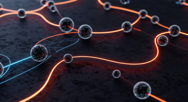Dynamic visualization of a complex digital network with glowing pathways connecting various nodes, illustrating seamless information exchange and technological infrastructure in an abstract context - Powered by Adobe