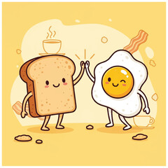 A cartoon illustration shows toast and egg highfiving on a yellow background with breakfastthemed decorations