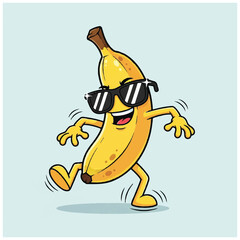 A banana cartoon character with sunglasses dancing on a light blue background