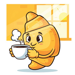 Cartoon croissant smiles while holding steaming coffee sunlit room background