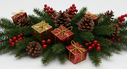 Festive Christmas Arrangement: Capturing the essence of the holiday season with intricately wrapped gift boxes, complemented by the warmth of pinecones and vibrant berries amid lush evergreen boughs.