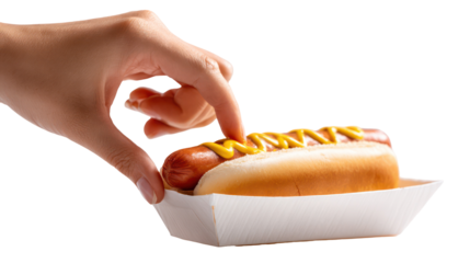  Hand Gently Picking Up a Hot Dog from a Paper Container on Transparent Background
