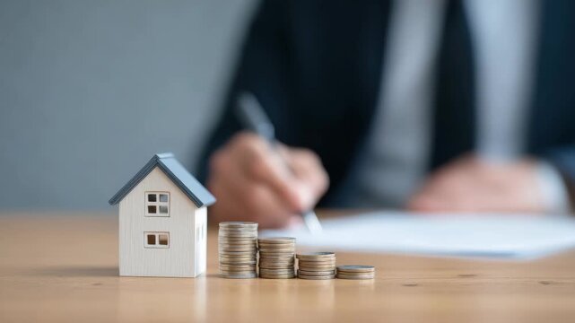 Small house model with stacked coins on wooden table and blurred person signing document in background symbolizing real estate investment finance and financial planning for growth and stability