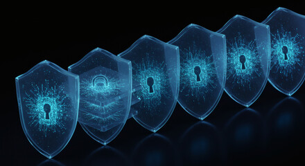 Progressive digital security concept featuring a series of glowing shield icons, symbolizing layered cyber protection, data privacy, and robust network defense