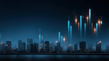 City skyline night digital graph financial business technology modern illuminated skyscraper data visualization futuristic investment stock market trading analytics urban architecture background blue - Powered by Adobe