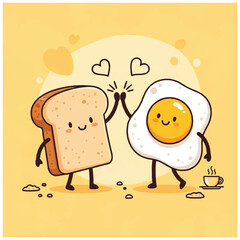 Cute toast  egg characters highfiving against a yellow background with hearts crumbs  a cup of coffee