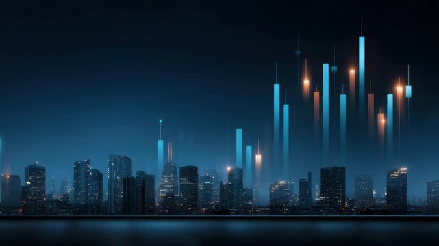 City skyline night digital graph financial business technology modern illuminated skyscraper data visualization futuristic investment stock market trading analytics urban architecture background blue - Powered by Adobe