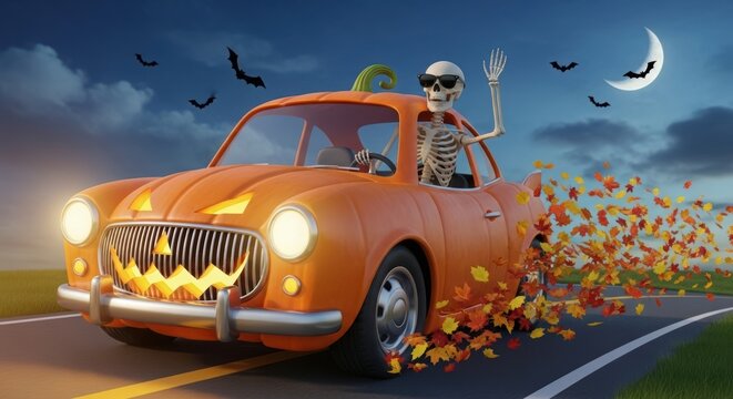 Skeleton driving a halloween pumpkin truck on a spooky night road