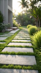 Obraz premium Modern Garden Pathway With Stone Tiles And Green Grass In Bright Sunlight Creating Peaceful Outdoor Landscape