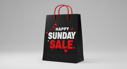 Premium black paper bag design featuring bold Happy Sunday Sale text with elegant lighting and reflections.