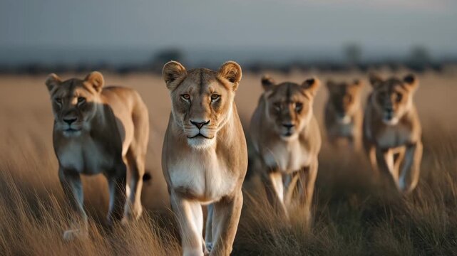 Lions walking through tall dry grass natural savannah environment during dusk showing focused expressions strong posture wild animal group lioness wild animal nature grassland group predator wildlife