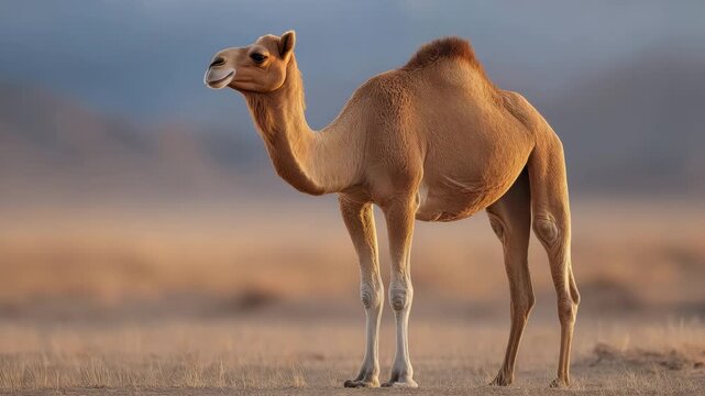 Young camel mammal in dry desert sand with brown hump wildlife nature scene showing calm and curious expression under soft natural light and blurred background
