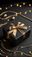 Elegant Black Gift Box With Golden Ribbon And Glowing Fairy Lights Creating Festive Celebration Mood On Table