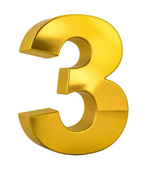 Golden metallic 3D number three isolated object