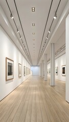 Modern Art Gallery Interior With White Walls Wooden Floor And Framed Paintings Under Bright Spotlights Display