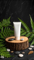 White Cosmetic Tube On Wooden Stand With Green Fern Leaves And Pebbles Representing Natural Skincare Product