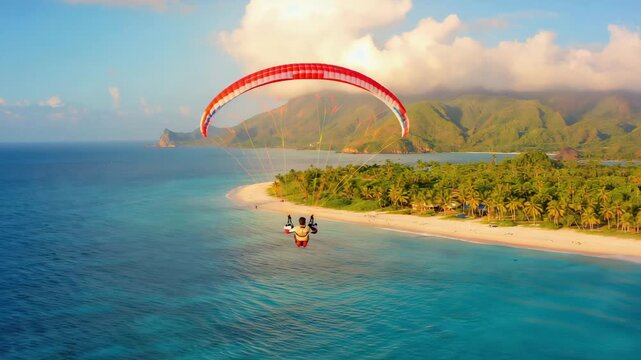 Blue paraglider above green hills and shoreline
