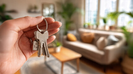 New Home Keys Held by a Hand in a Cozy Living Room With Natural Light and Plants