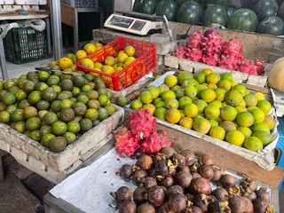 You can see one corner of a fruit trader's stall in the traditional market in Surabaya, Indonesia. There are several types of fresh, organic, high-quality local, export, import fruit