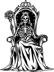 Fototapeta premium SVG skull and skeleton with roses, embellished Halloween theme, Elegant Skeleton Queen Sitting on Throne with Rose and Candle