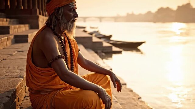 Elderly Indian Sadhu Meditating by Sacred River Ganges at Sunrise.