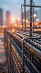 Steel Reinforcement Bars At Construction Site During Sunset Perfect For Industrial Engineering And Building Concept