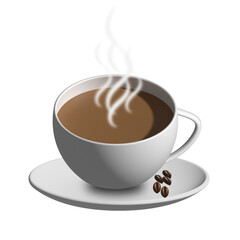 White cup of hot coffee with steam and coffee beans on a saucer beverage