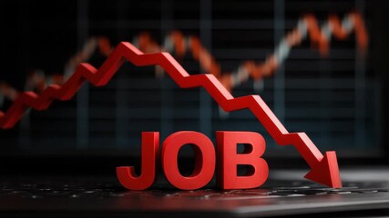 Red job text with downward arrow graph symbolizing job loss and economic decline dark background with blurred financial chart and job market decline concept with red letters and downward arrow graph - Powered by Adobe