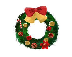 水彩のおしゃれなクリスマスリースのイラスト