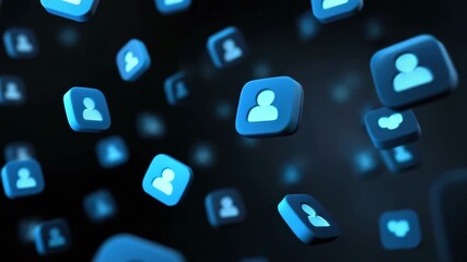 Blue user icon and social media digital communication network connection technology background floating symbol virtual interaction online community communication app glowing 3d icon user profile - Powered by Adobe