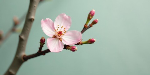 Obraz premium A Delicate Pink Blossom on a Branch with Unopened Buds Against a Soft Green Background