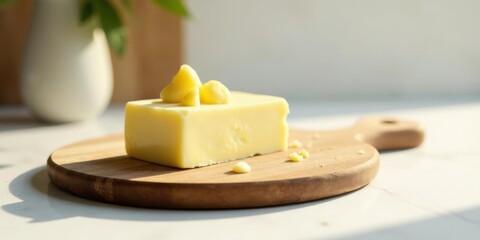 A sunlit block of shea butter rests on a wooden board, accompanied by small pieces of the same, creating a tranquil and natural scene.