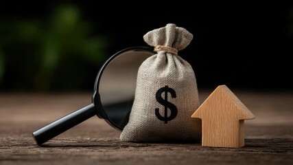 Money bag dollar sign magnifying glass wooden house finance investment property analysis real estate savings wealth business economy concept close up textured rustic background inspection currency - Powered by Adobe