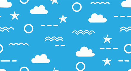 Obraz premium Whimsical white cloud and star pattern on blue background