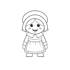 Pilgrim girl wearing traditional clothes, clip art hand drawn black and white