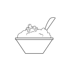 Mashed potatoes in a bowl with a spoon, hand drawn black and white clip art