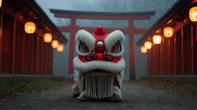 Red lion dance costume with white fur stands on gravel path between traditional torii gate and glowing lanterns in misty atmosphere, evoking cultural festival celebration and mystery